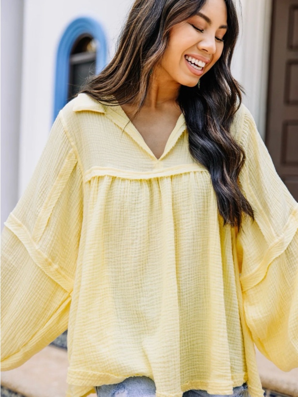 Lightweight Yellow Peasant Blouse - Women Tops